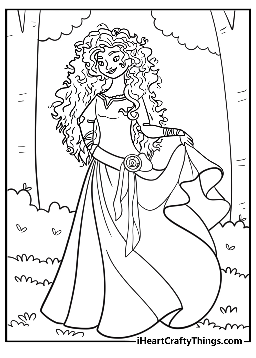 Princess Merida in her green dress in the forest coloring sheet