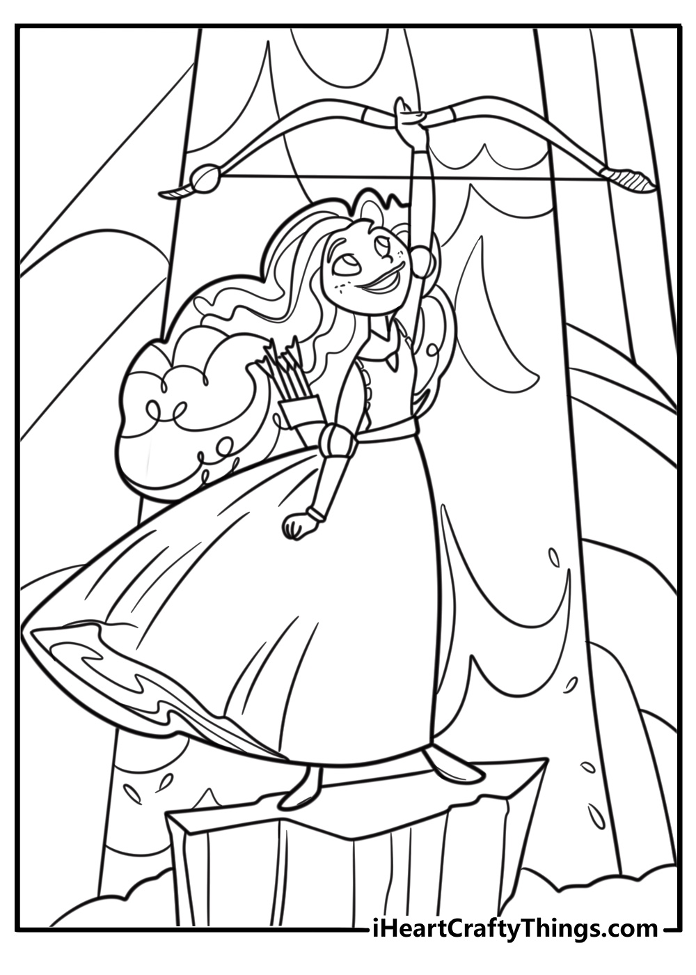 Princess Merida on a misty mountain trail coloring page
