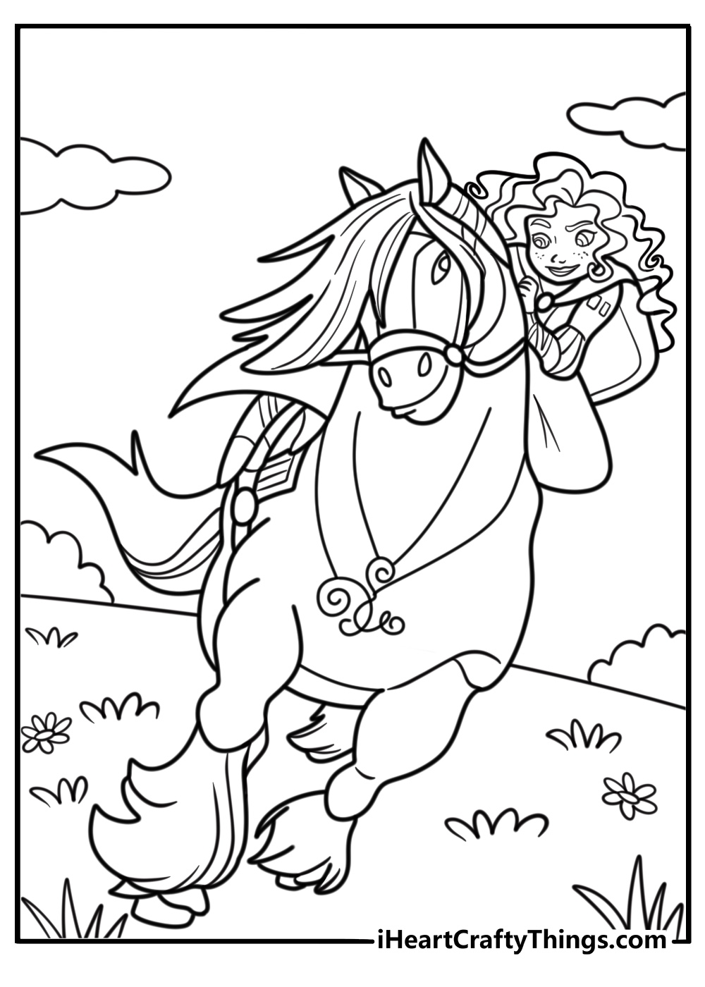 Princess Merida riding her horse Angus coloring page