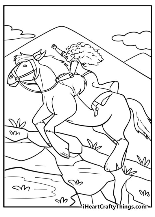 Princess Merida running with her horse through the hills coloring sheet