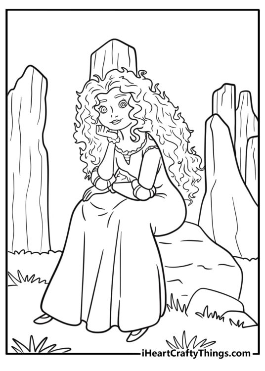 Princess Merida sitting beside a stone circle coloring sheet