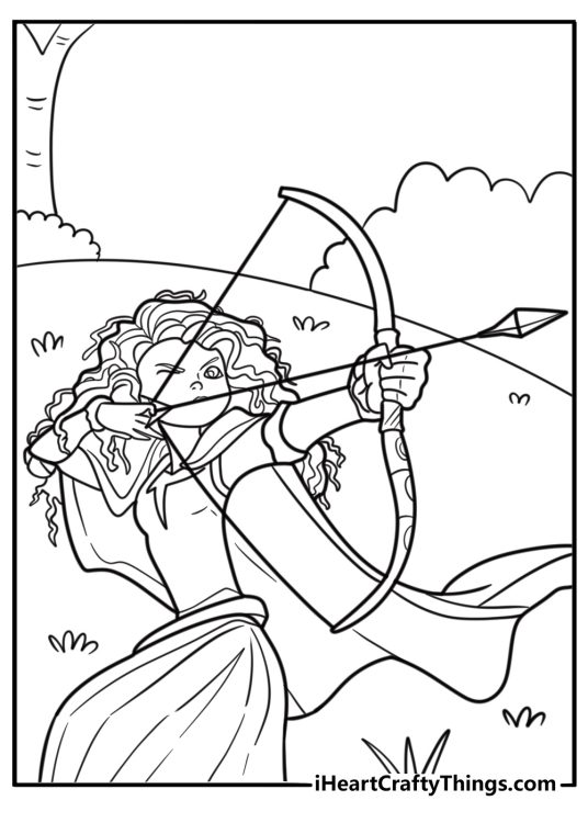 Princess Merida standing with her bow in a battle stance coloring sheet