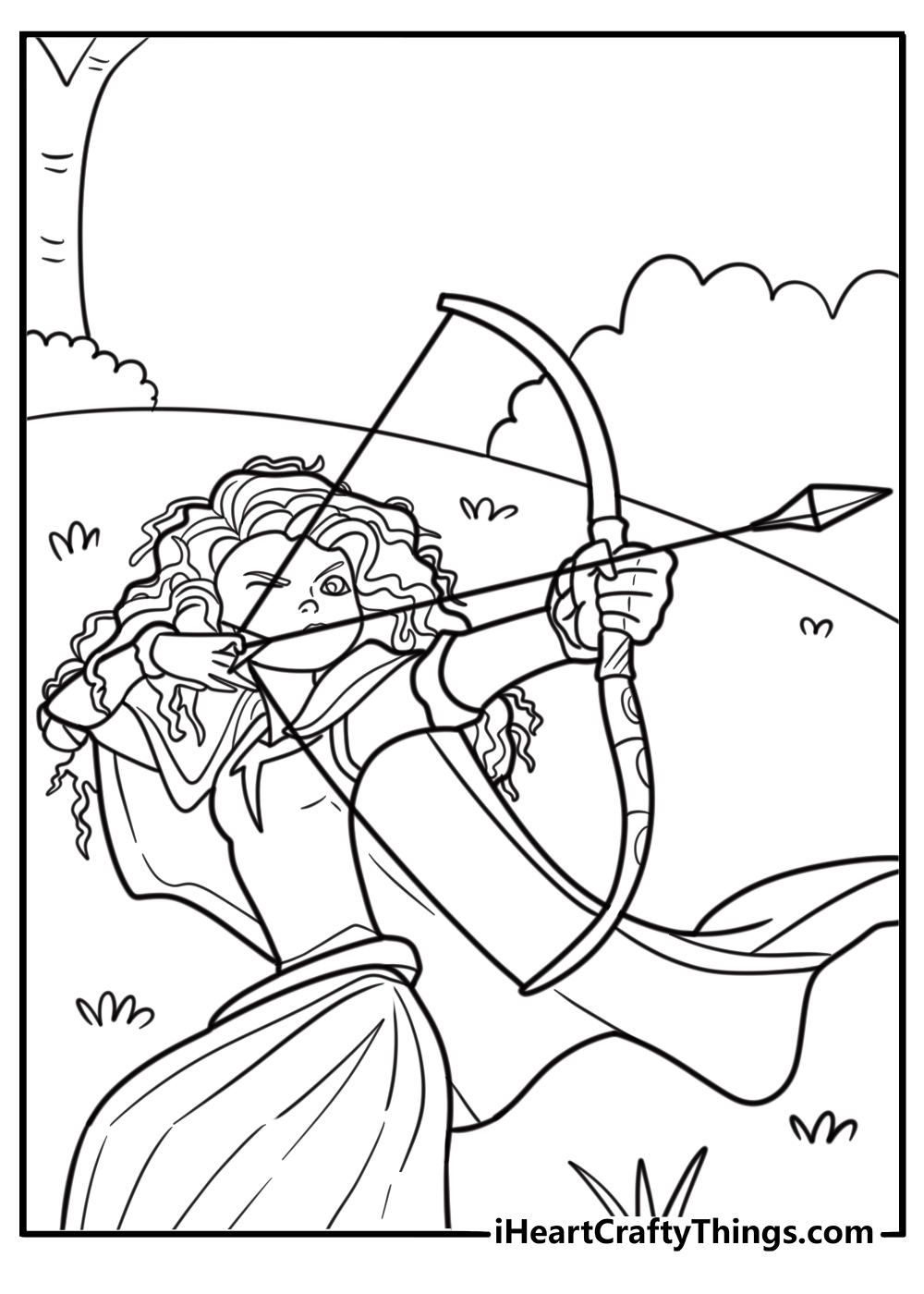 Princess Merida standing with her bow in a battle stance coloring sheet
