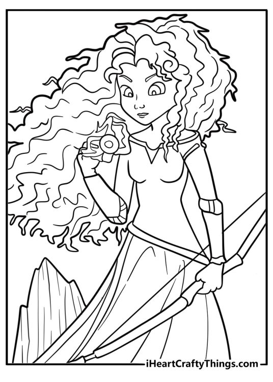 Princess Merida touching a glowing wisp coloring page