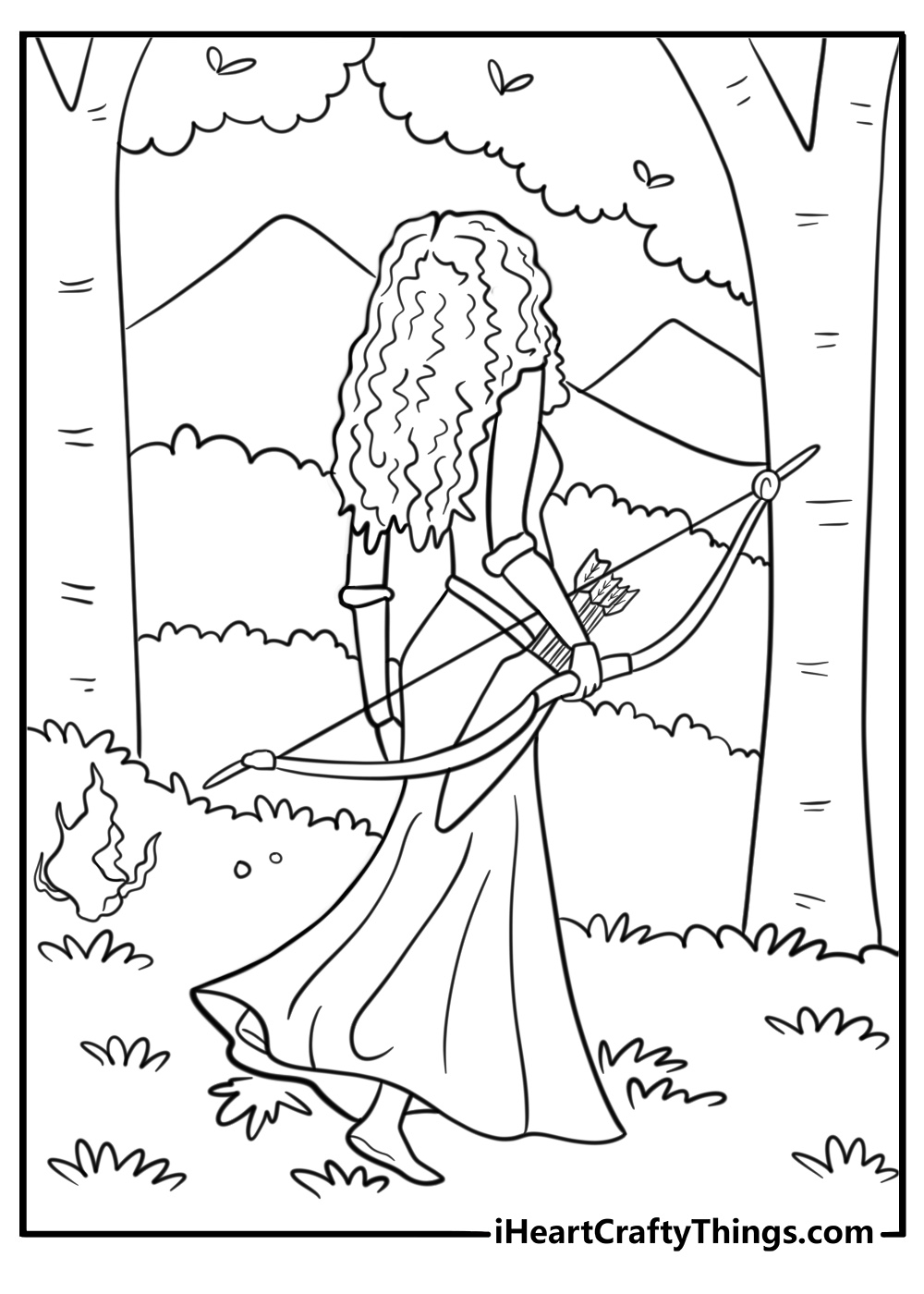 Princess Merida walking through the woods coloring sheet