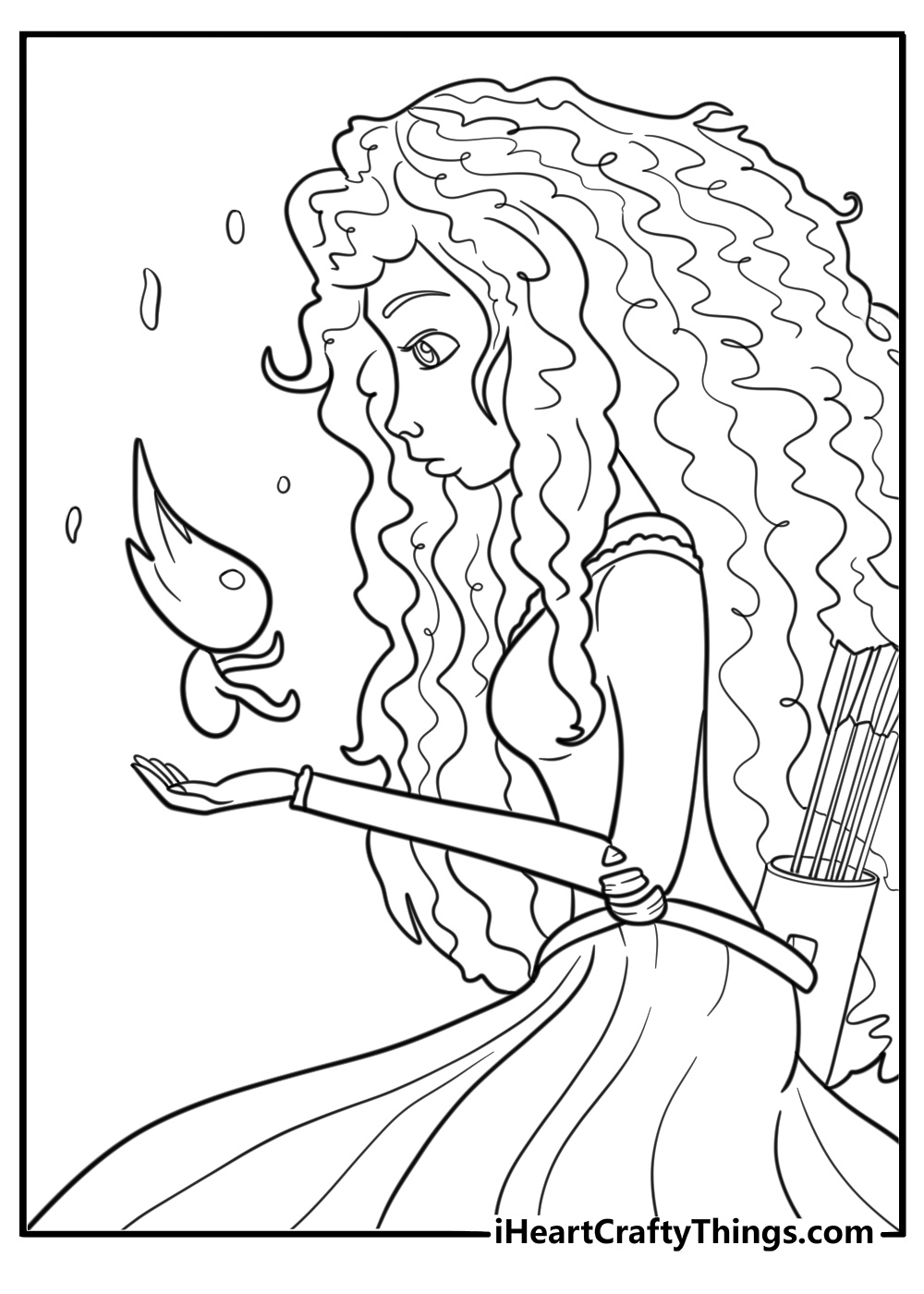 Princess Merida with her long curly red hair coloring page
