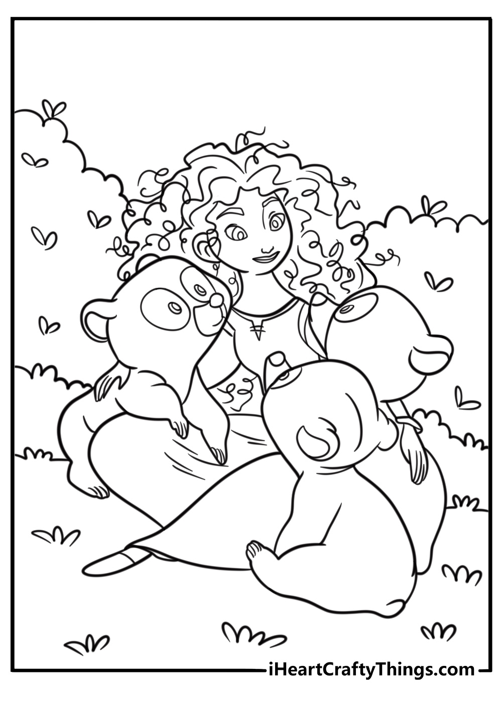 Princess Merida with her three bear brothers coloring sheet
