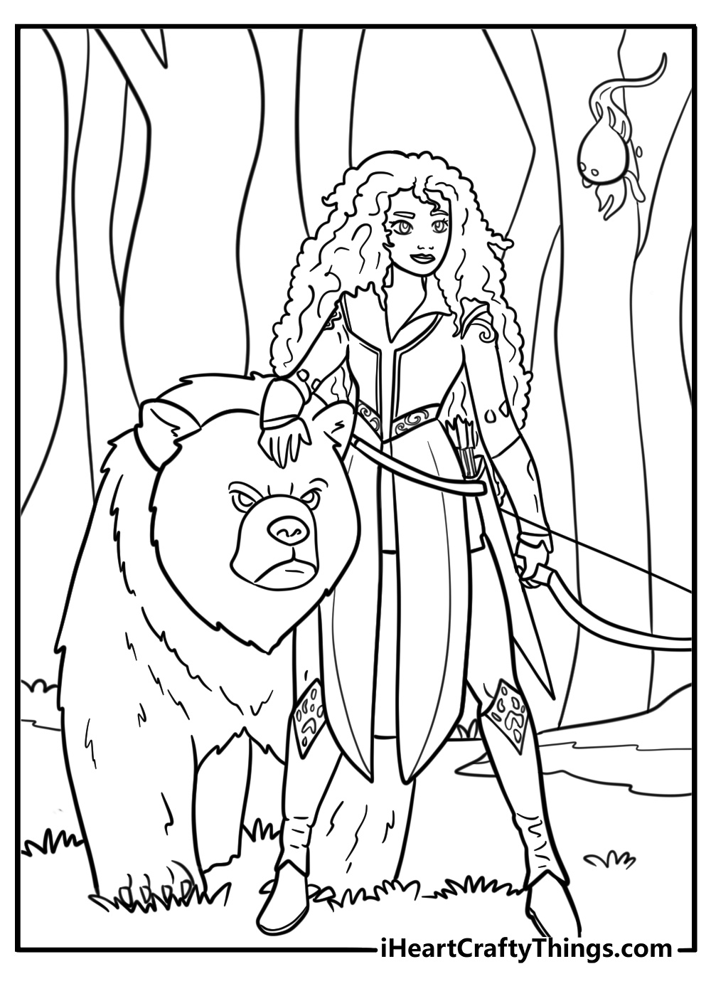 Princess Merida with wild animals in the forest coloring sheet