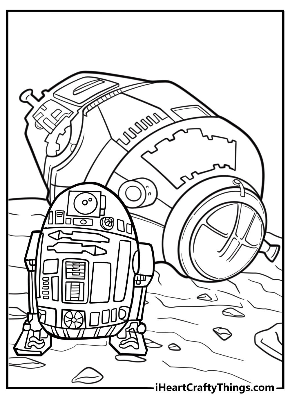 R2 D2 coloring page escaping in an escape pod
