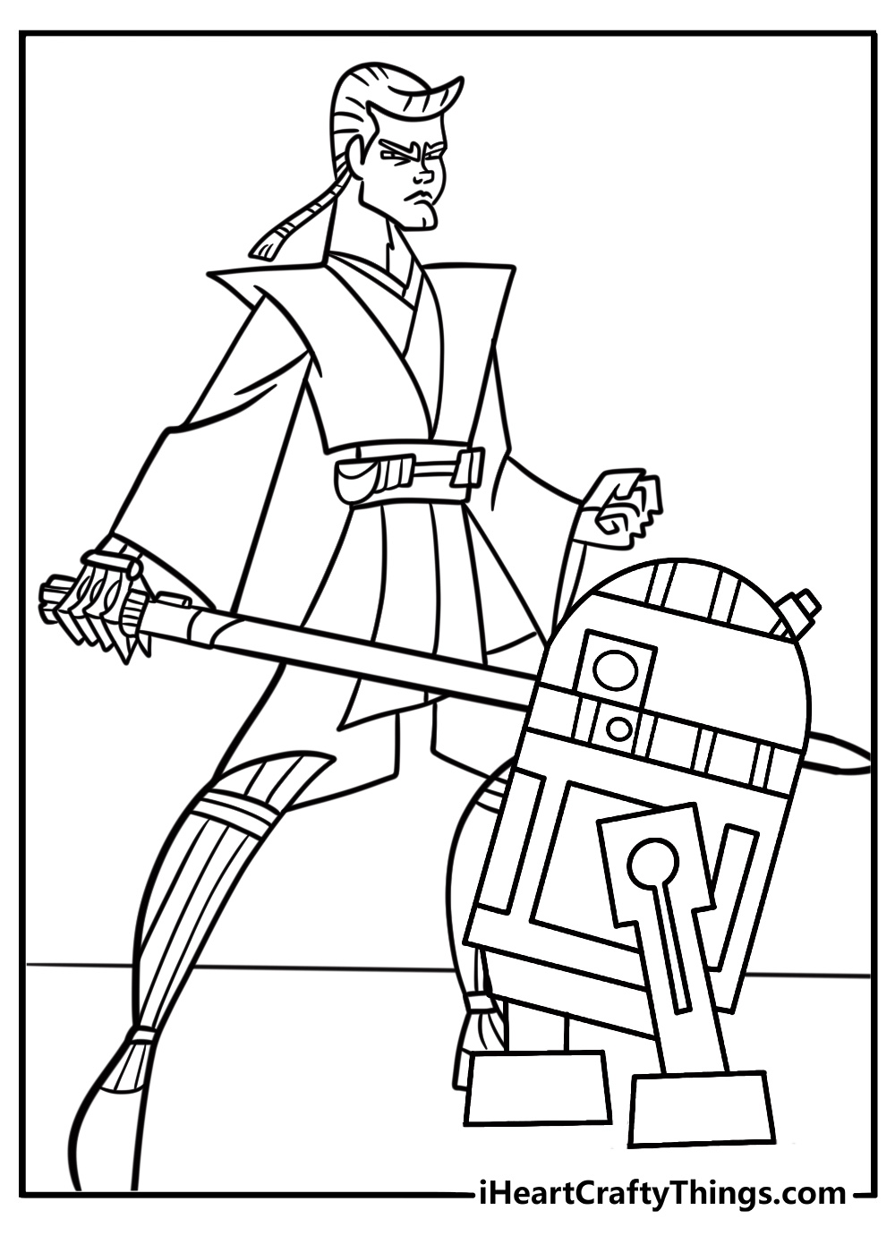 R2 D2 coloring page being carried by Anakin Skywalker