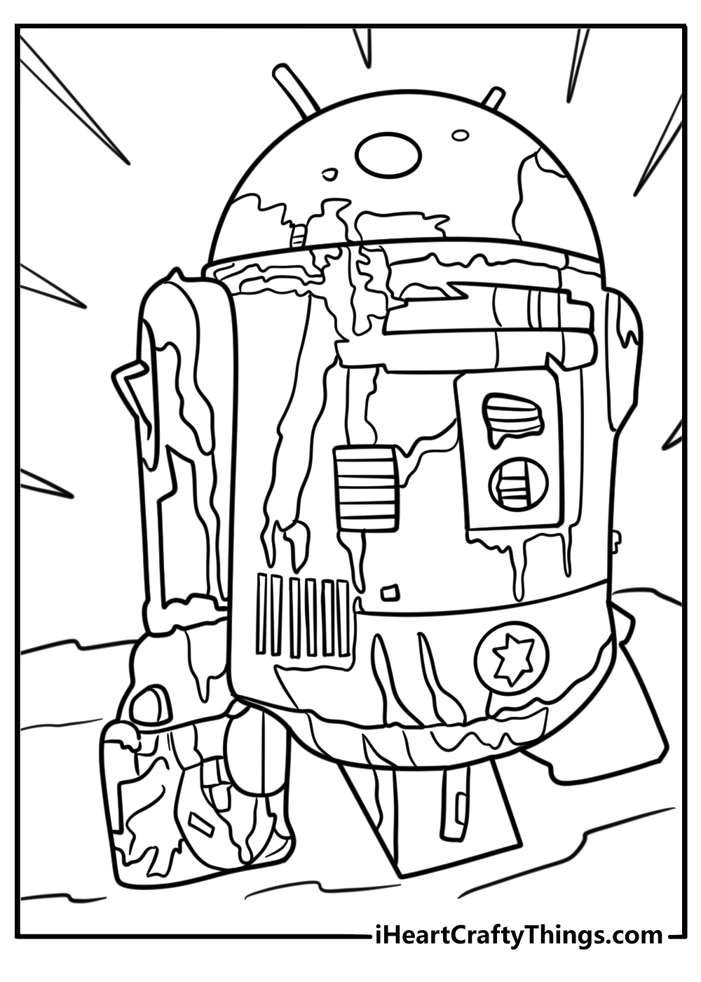 R2 D2 coloring page damaged in battle