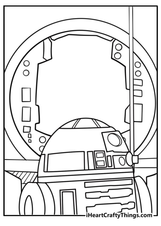 R2 D2 coloring page helping open a blast door