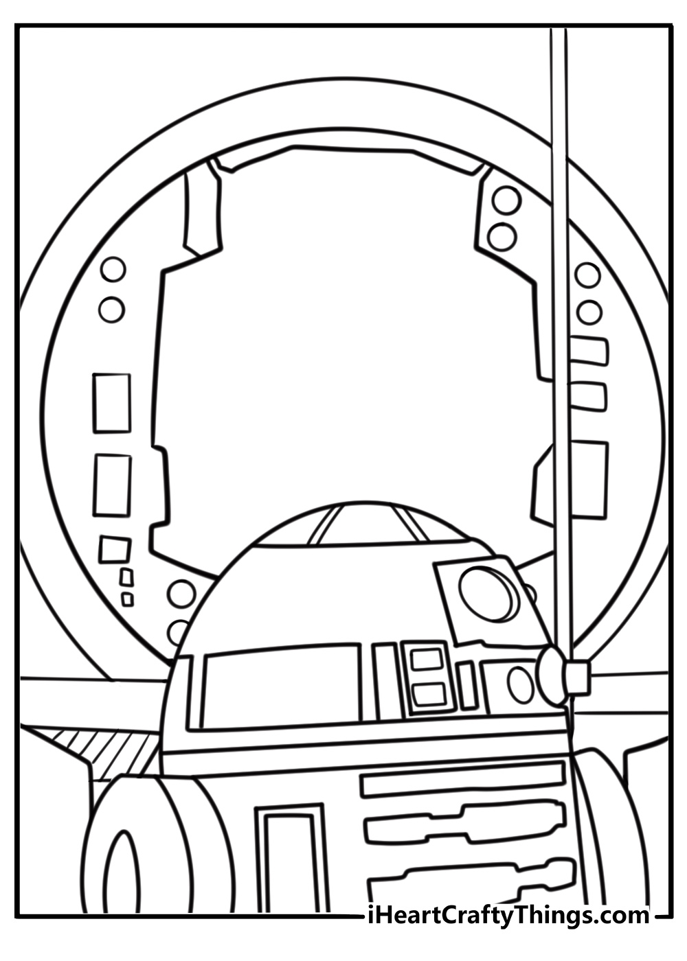 R2 D2 coloring page helping open a blast door