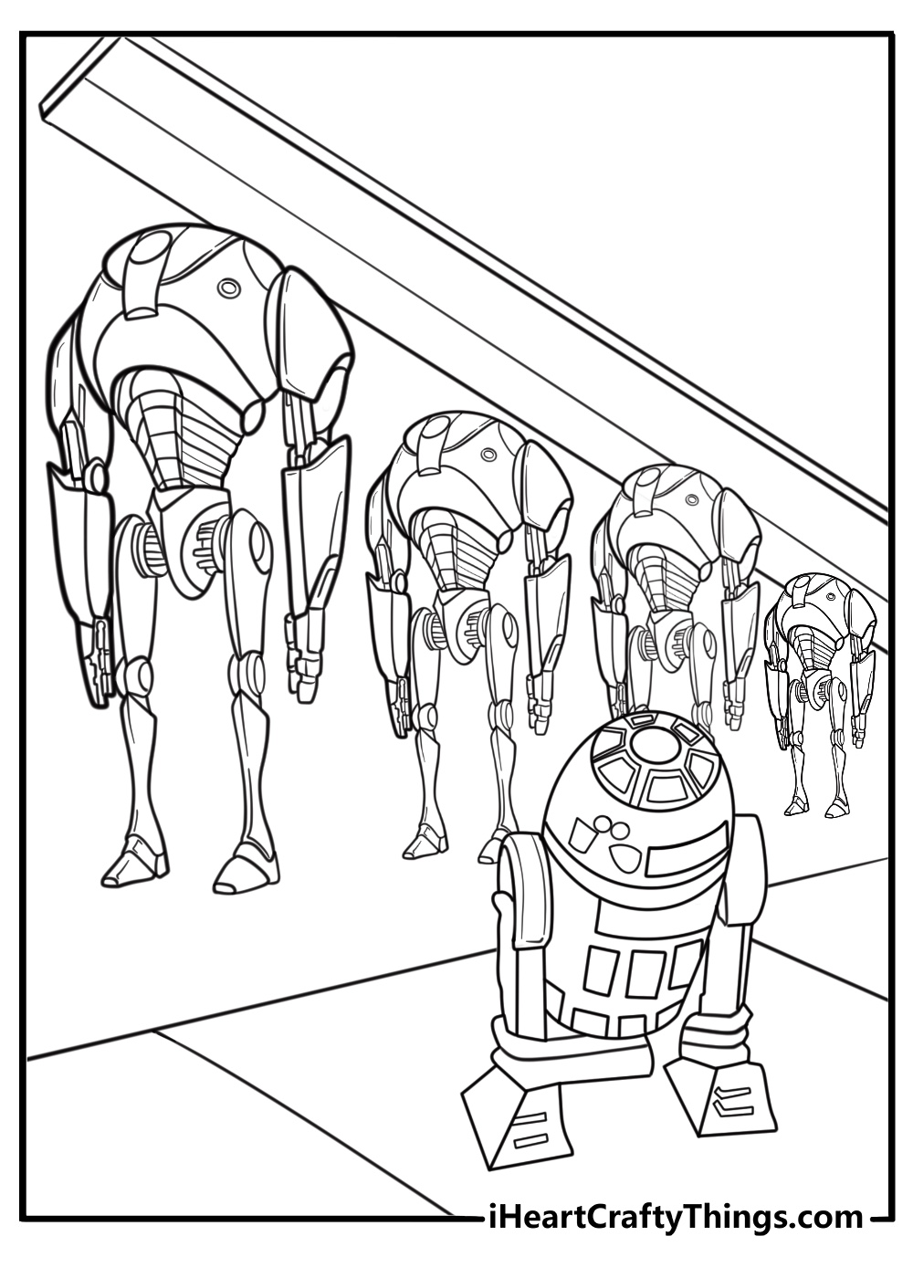 R2 D2 coloring page in a battle droid factory