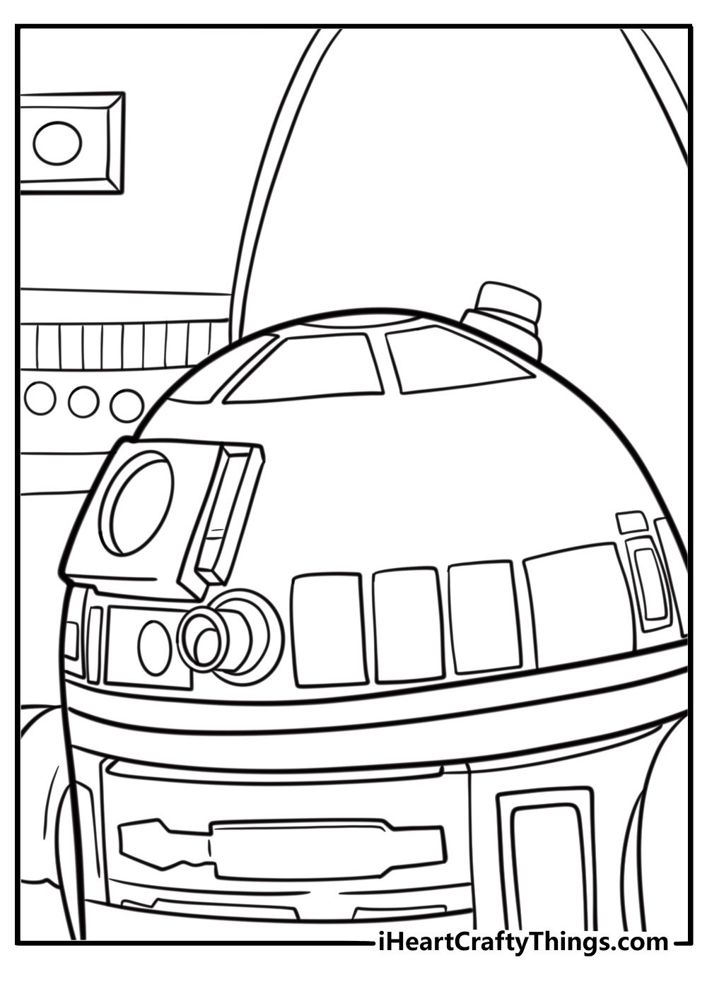 R2 D2 coloring page in a hangar with X Wing