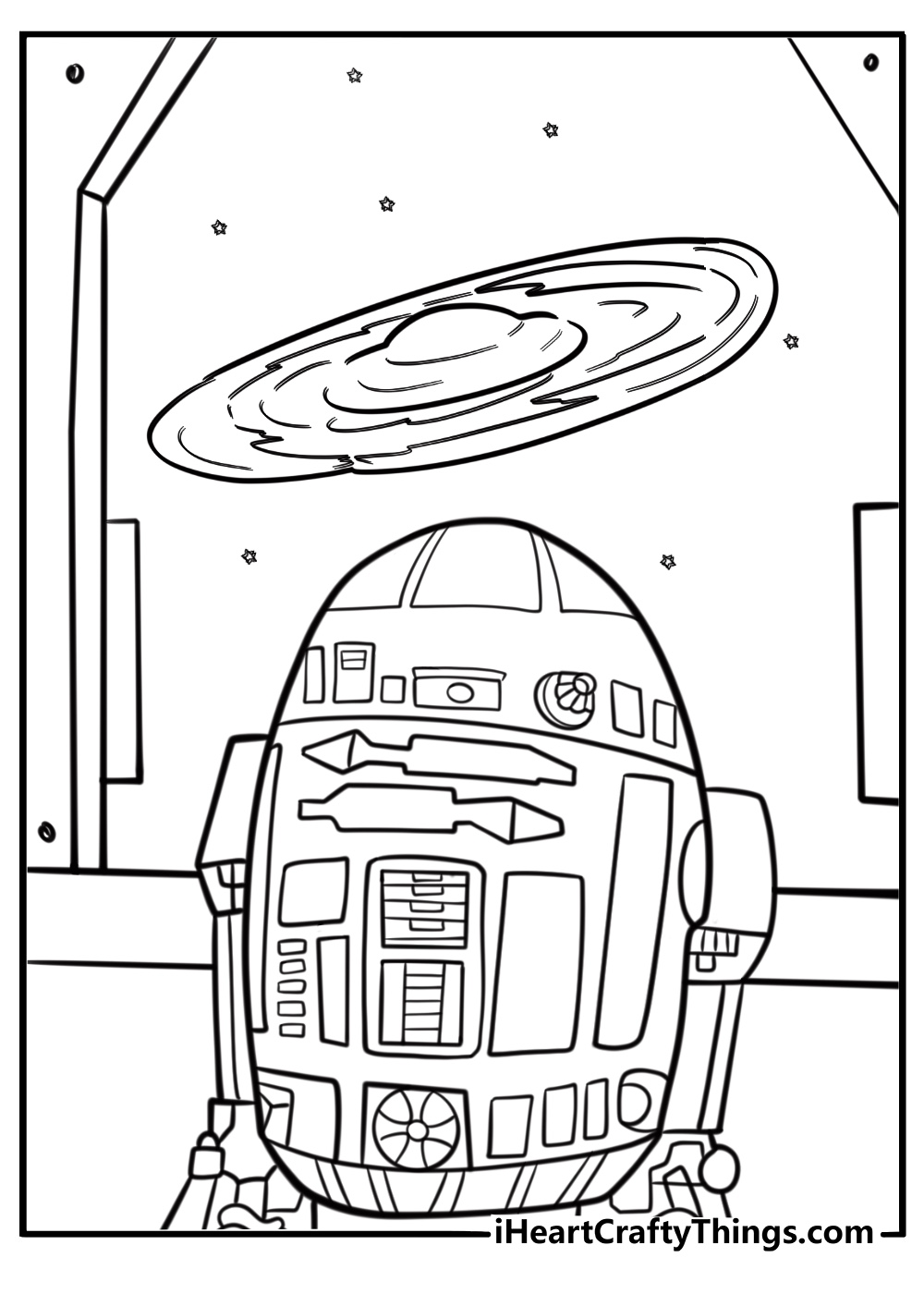 R2 D2 coloring page navigating through an asteroid field