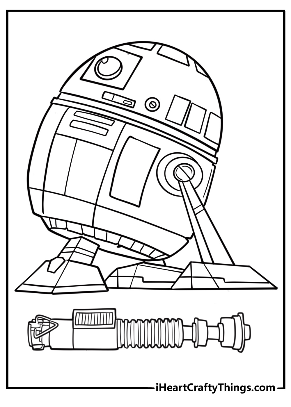 R2 D2 coloring page next to a lightsaber