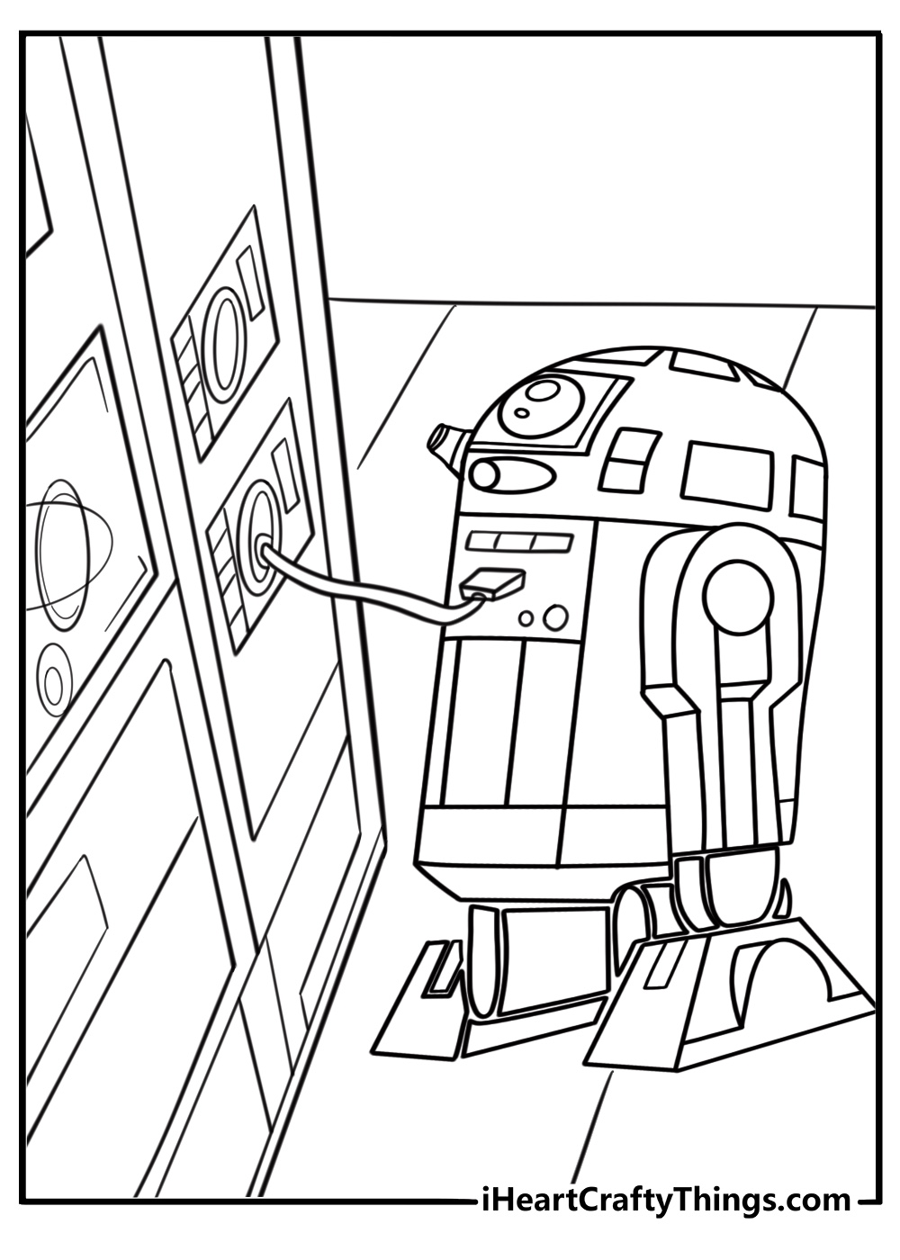 R2 D2 coloring page plugging into a computer terminal