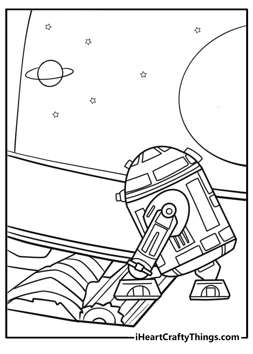 R2 D2 coloring page repairing a starfighter