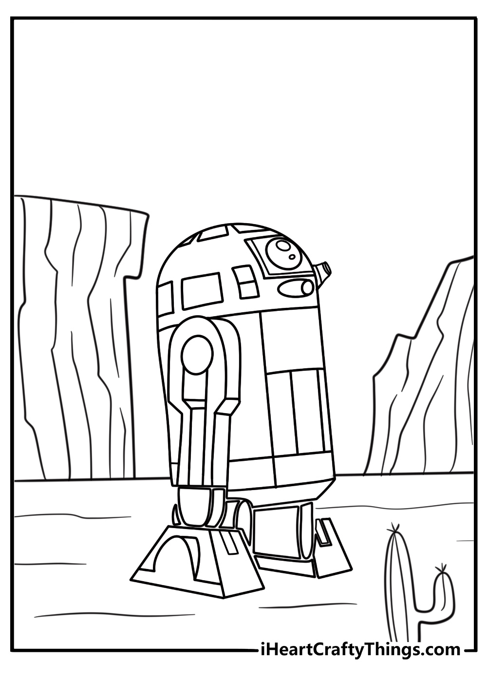 R2 D2 coloring page rolling through the desert