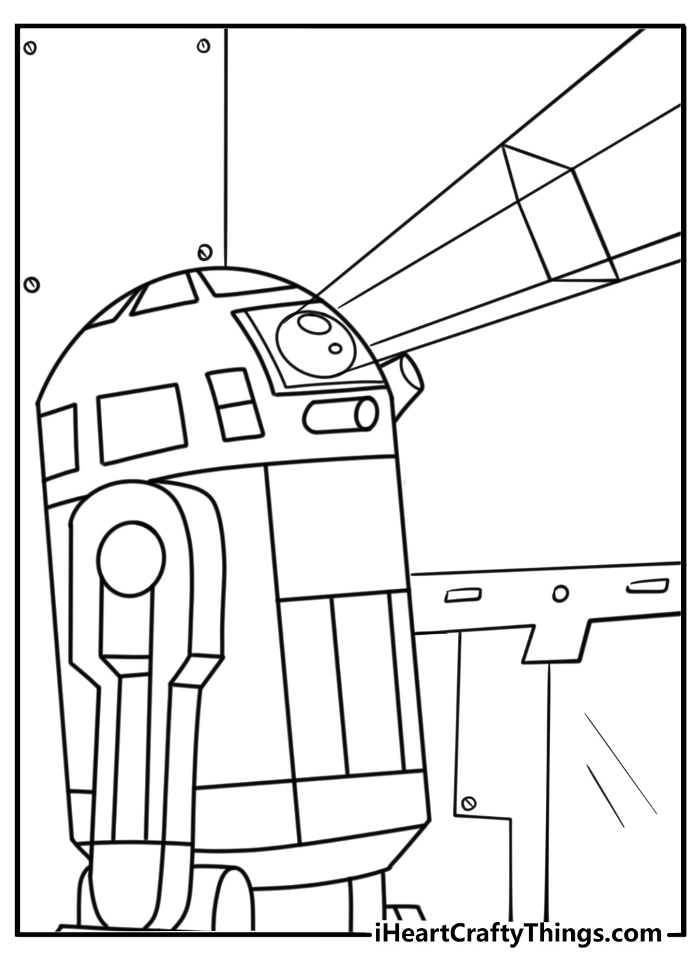 R2 D2 coloring page scanning the area with radar