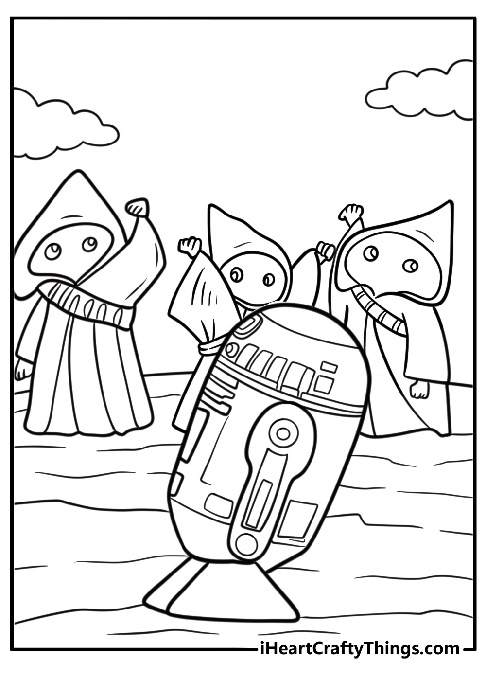 R2 D2 coloring page surrounded by Jawas