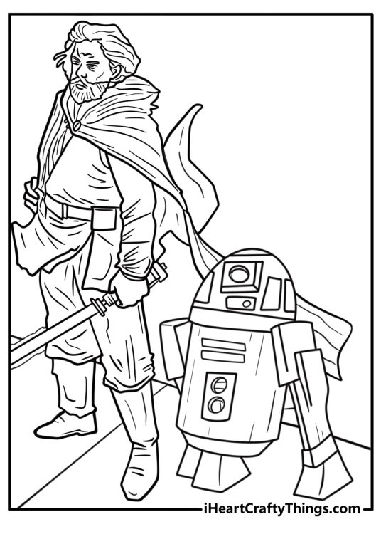 R2 D2 coloring page with Luke Skywalker