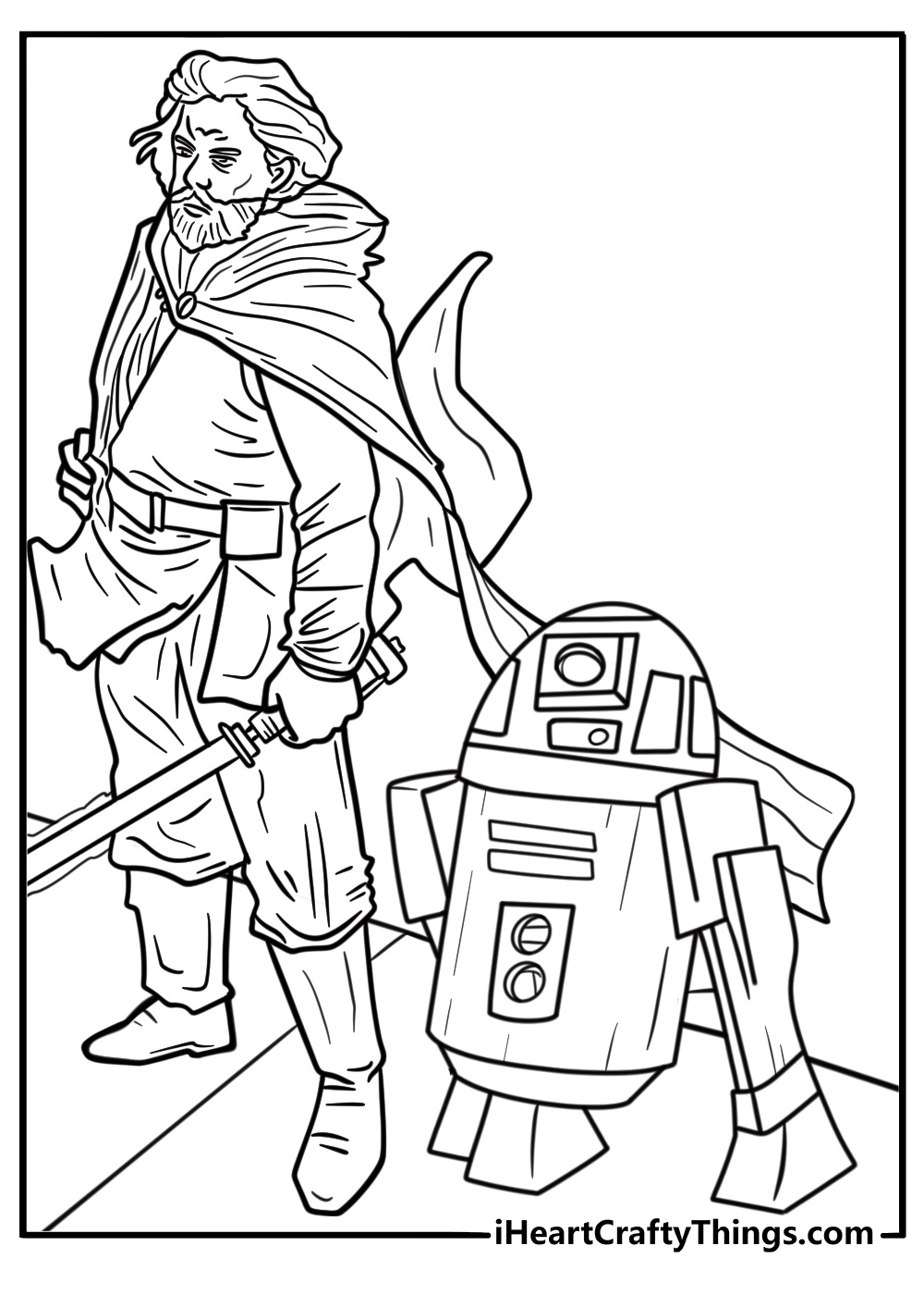 R2 D2 coloring page with Luke Skywalker