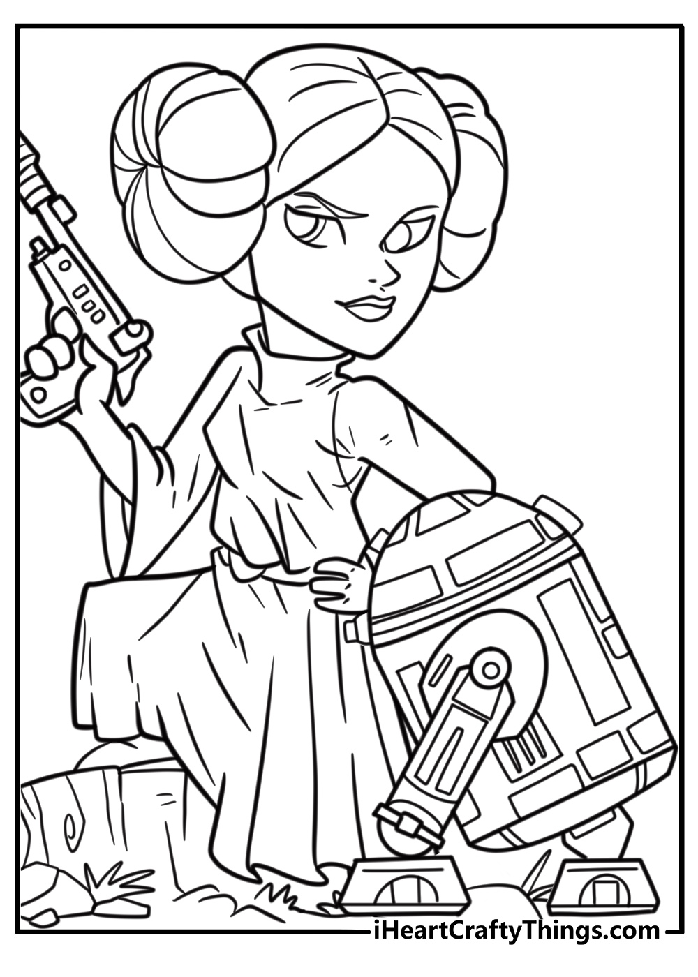 R2 D2 coloring page with Princess Leia message