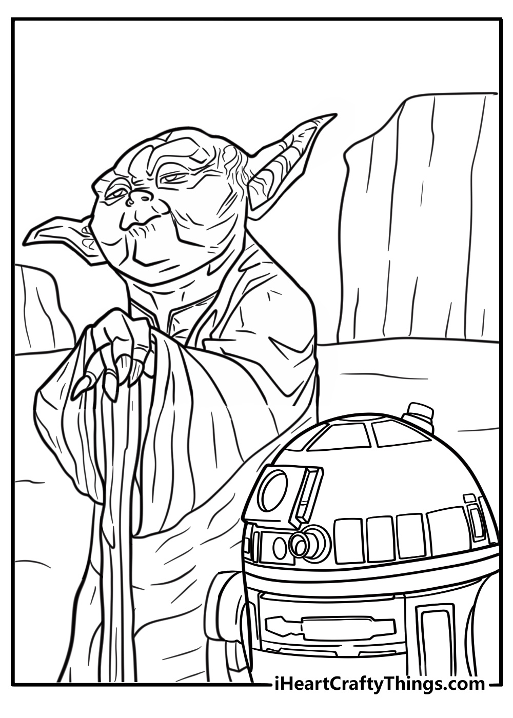 R2 D2 coloring page with Yoda on Dagobah