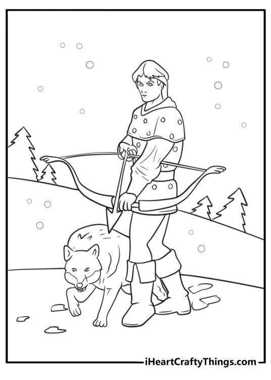 Ranger tracking footprints with a wolf companion coloring page