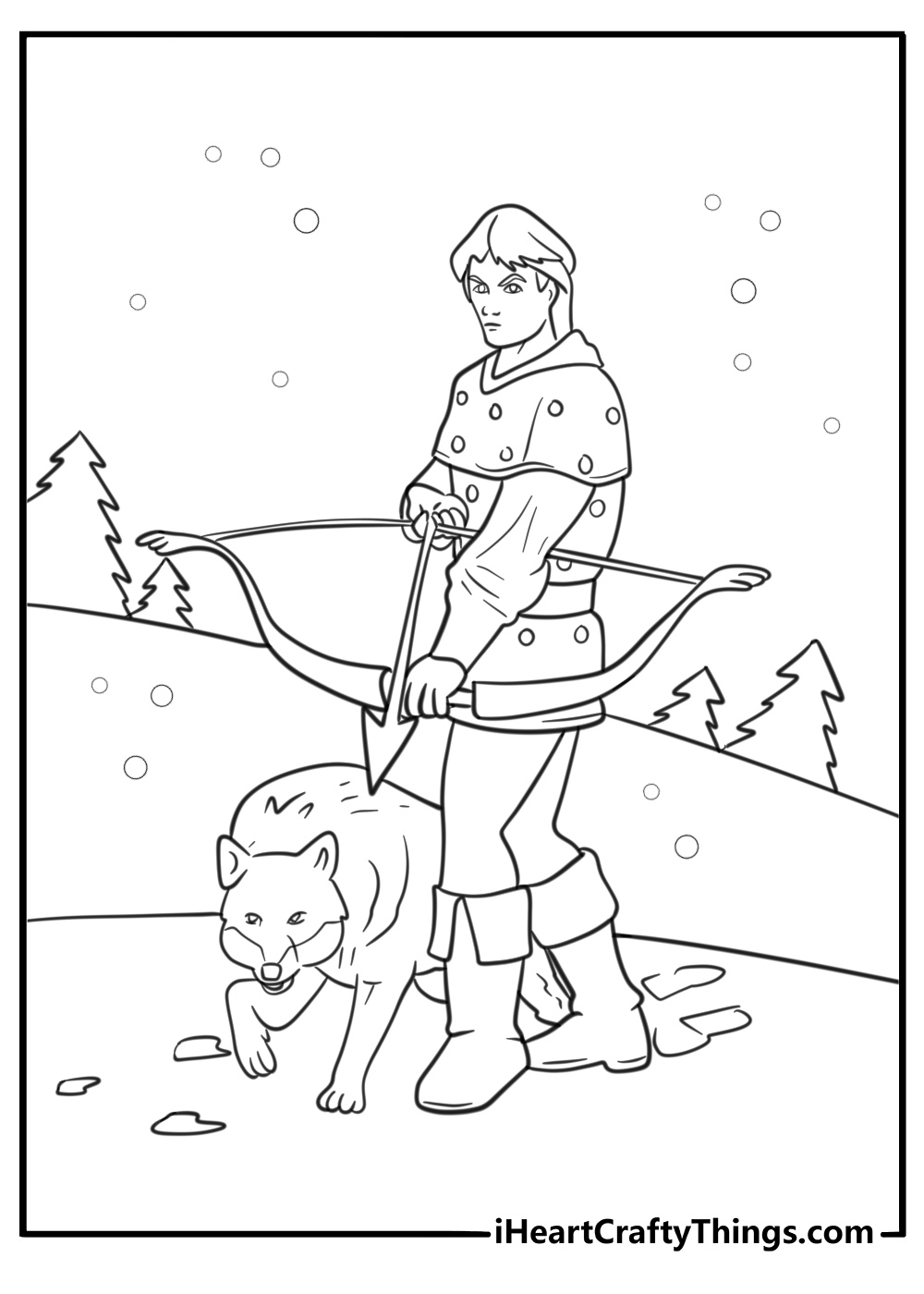 Ranger tracking footprints with a wolf companion coloring page