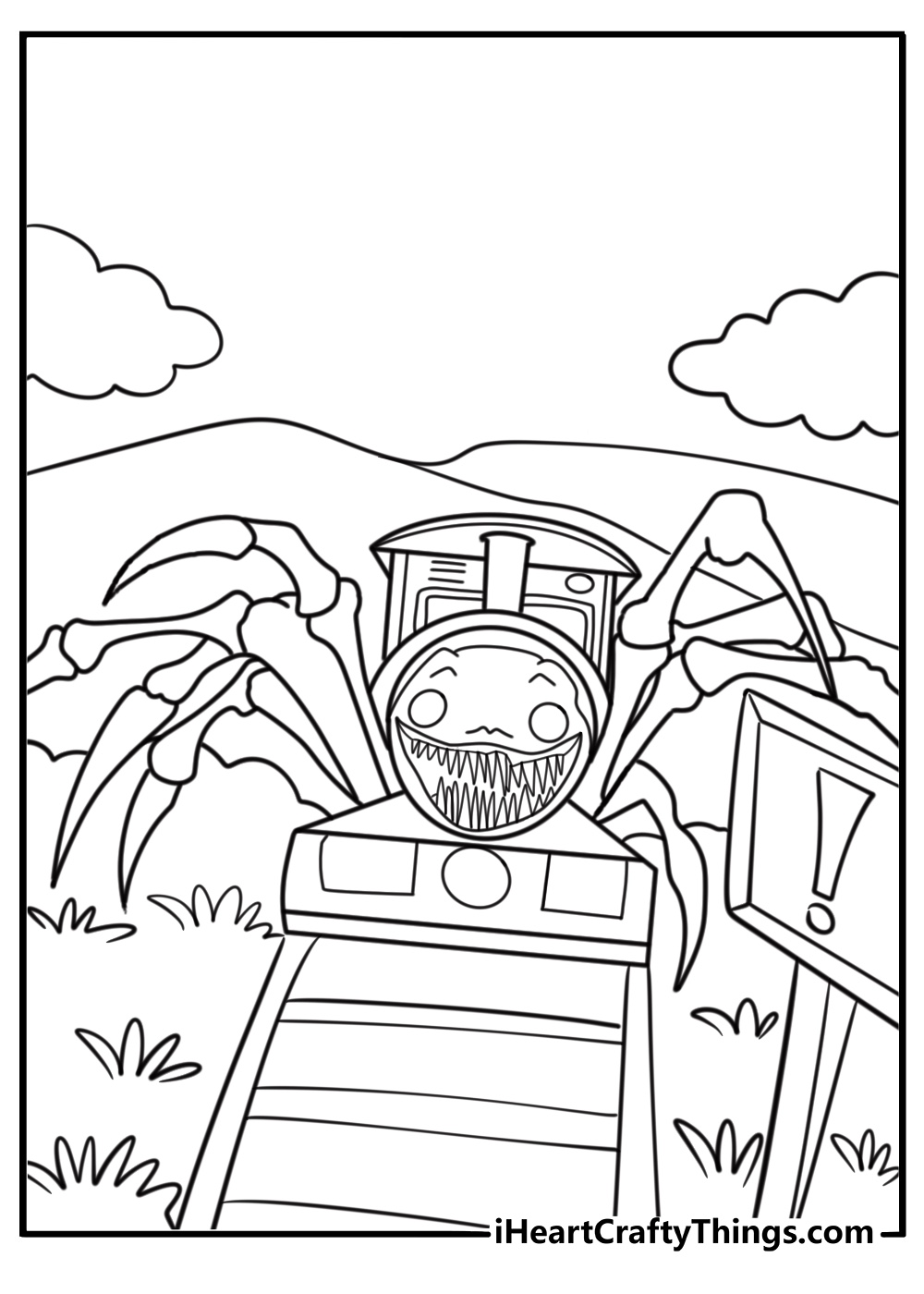 Rusted rail sign warning about Choo Choo Charles ahead coloring page