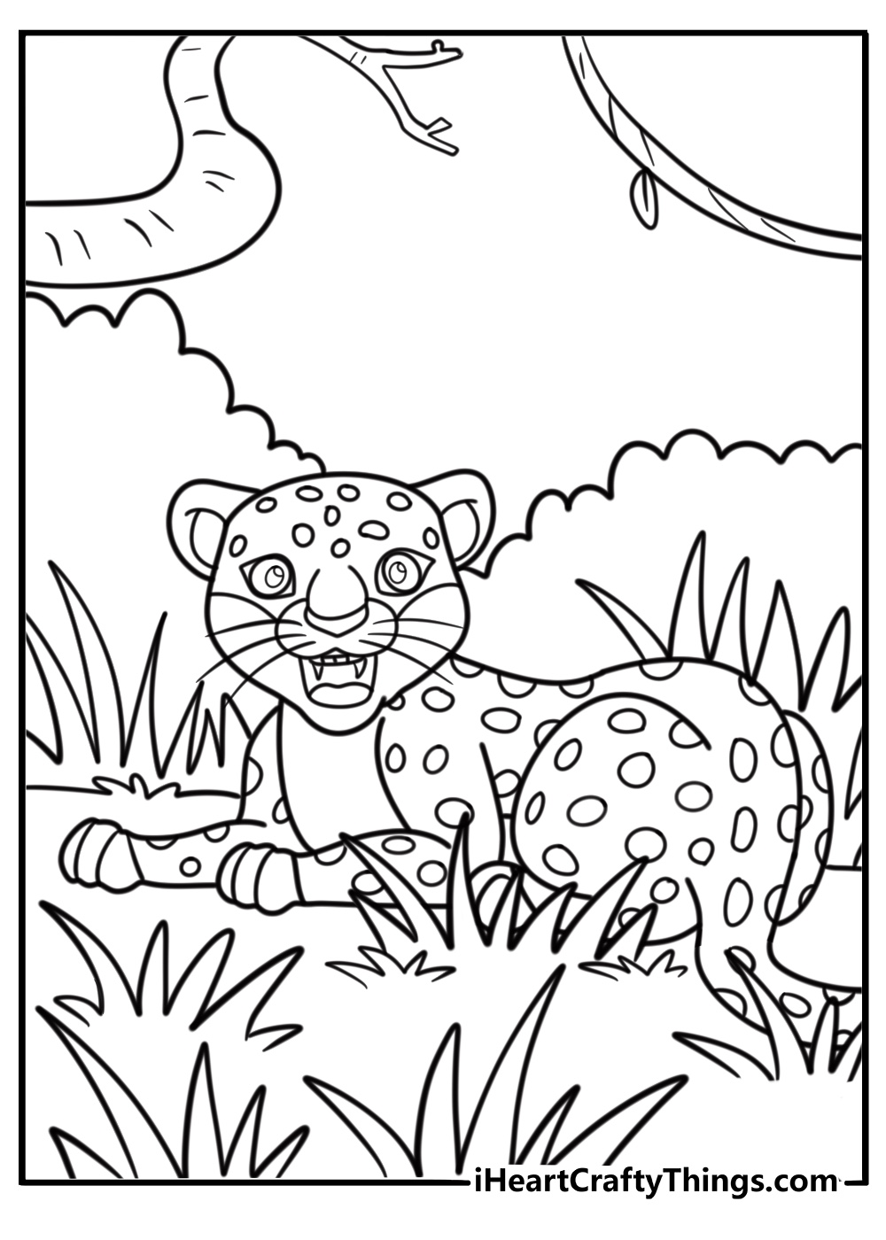 Sabor the leopard hiding in the tall grass coloring page