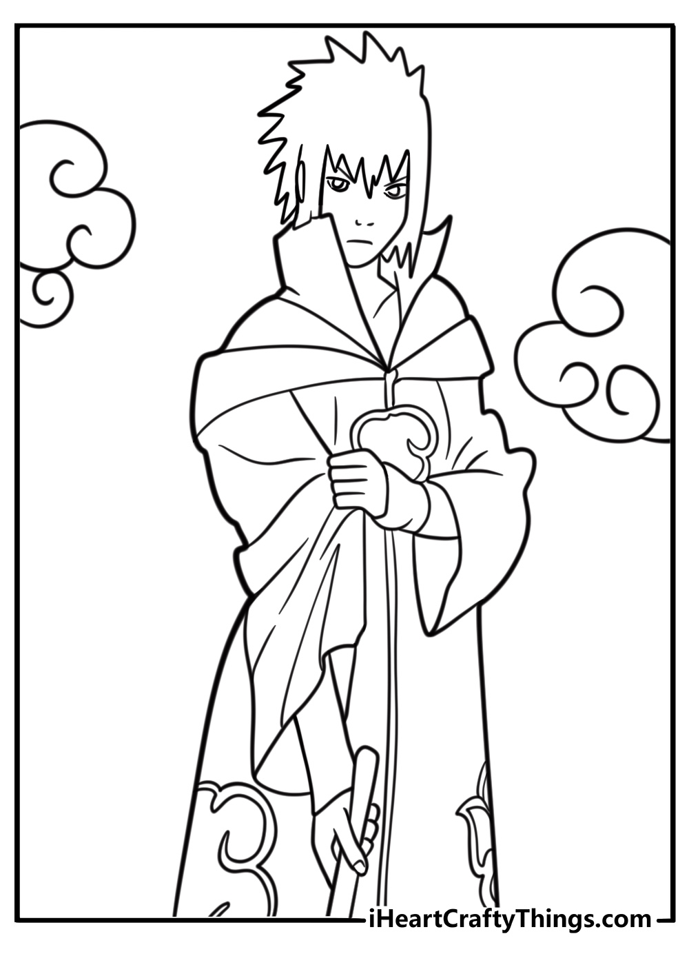 Sasuke in Uchiha clan symbol robe detailed coloring sheet