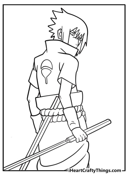 Sasuke standing with sword drawn detailed coloring sheet
