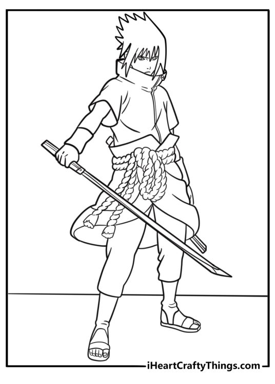 Sasuke using sword in battle stance printable coloring sheet