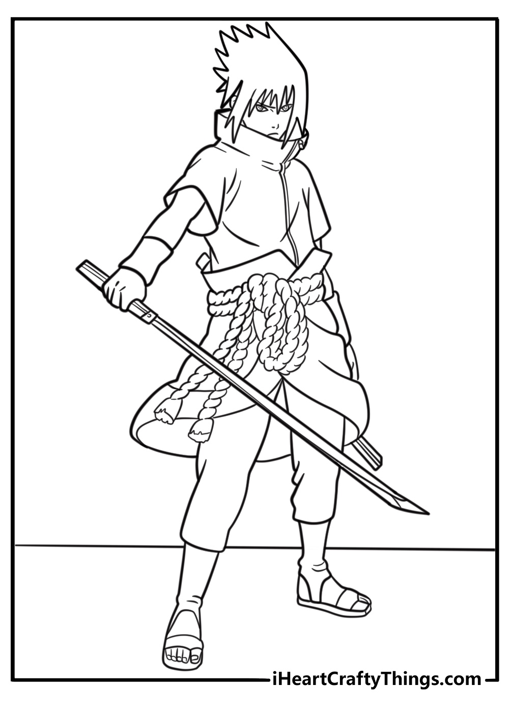 Sasuke using sword in battle stance printable coloring sheet