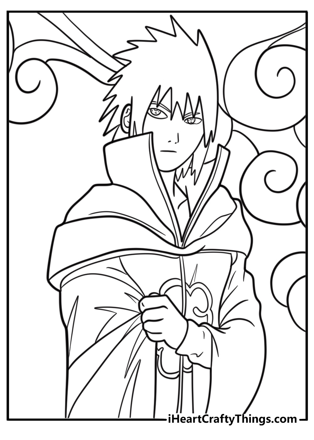 Sasuke wearing Akatsuki cloak printable coloring sheet