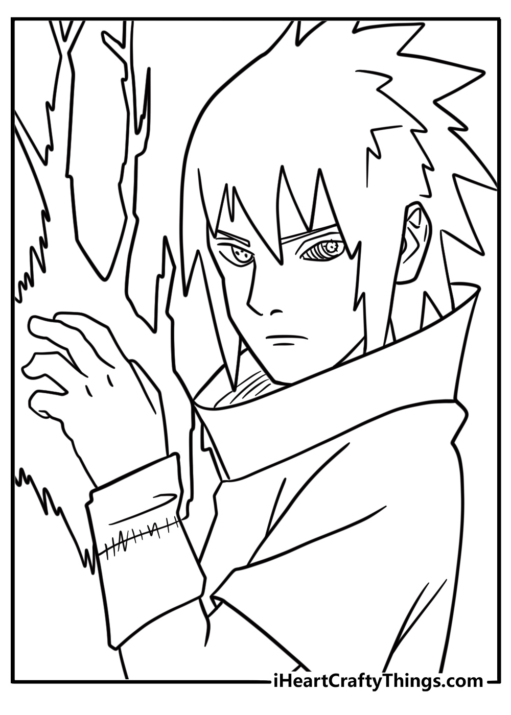 Sasuke with Rinnegan and Sharingan eyes together detailed coloring sheet