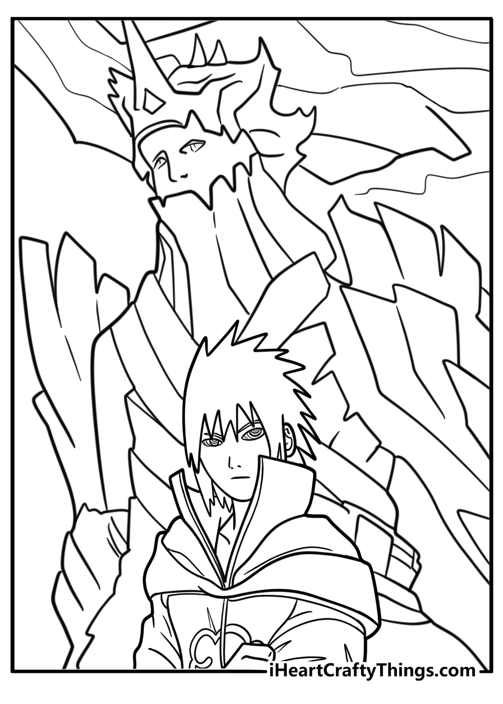 Sasuke with serious expression and chakra aura detailed coloring sheet