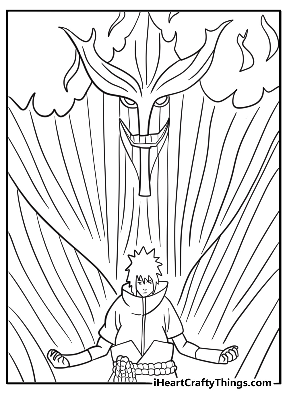 Sasuke with Susanoo form in background free coloring page pdf