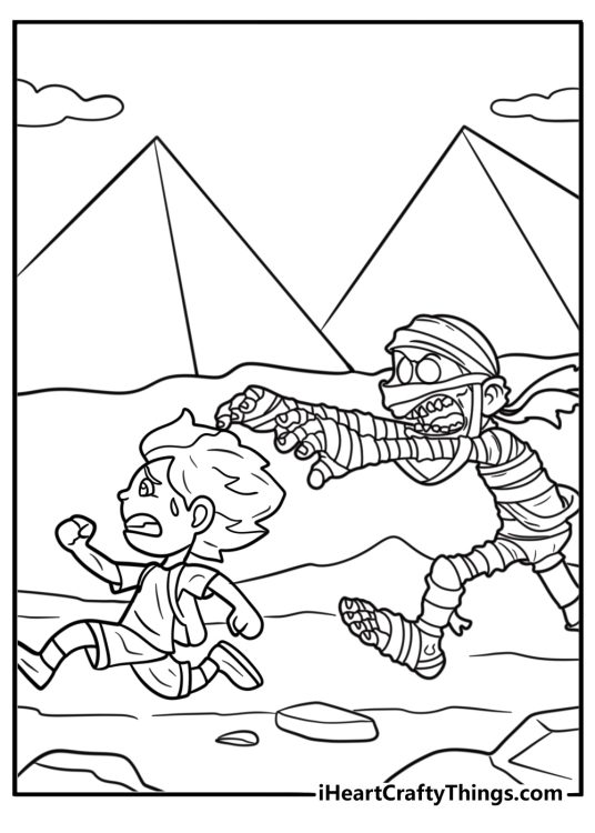 Scared explorer running from a mummy coloring page