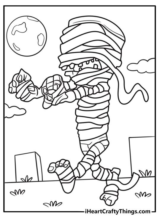 Scary mummy rising from a stone coffin coloring sheet