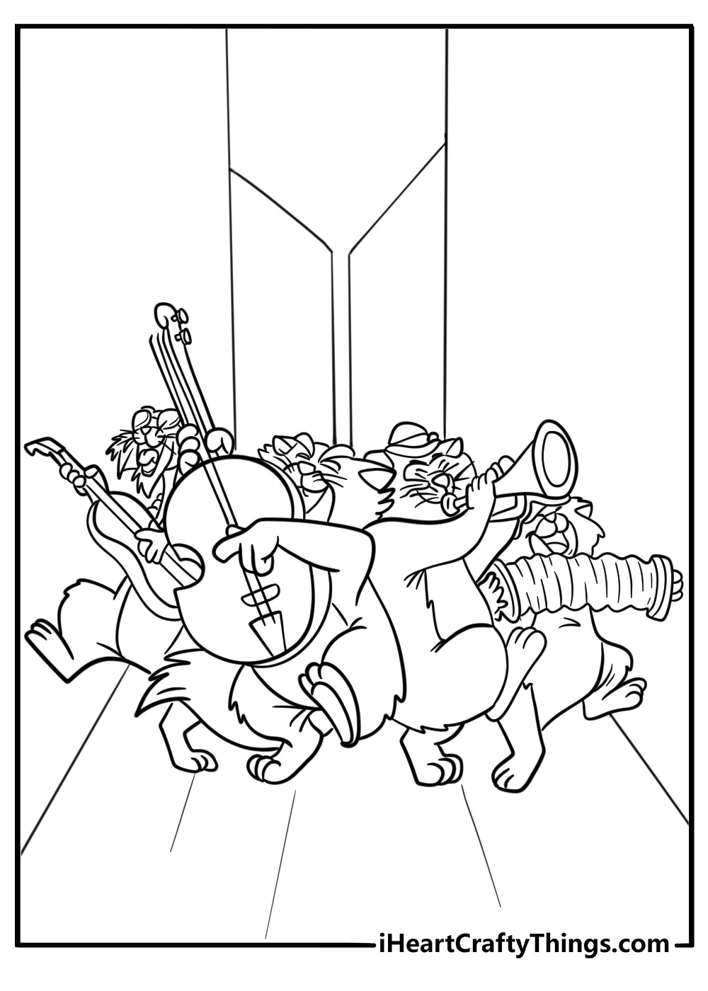 Scat Cat and the alley cats playing music in an alley fun coloring sheet