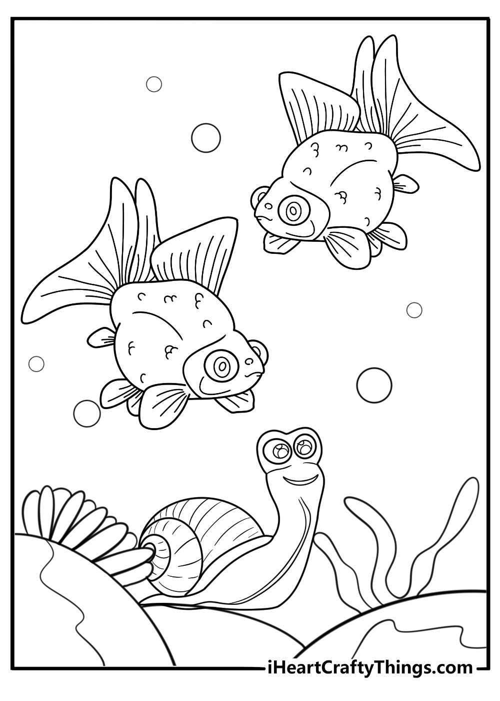 Small goldfish swimming beside a snail free coloring page