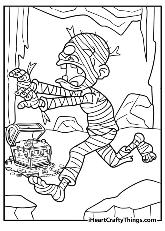 Small mummy beside a treasure chest coloring sheet