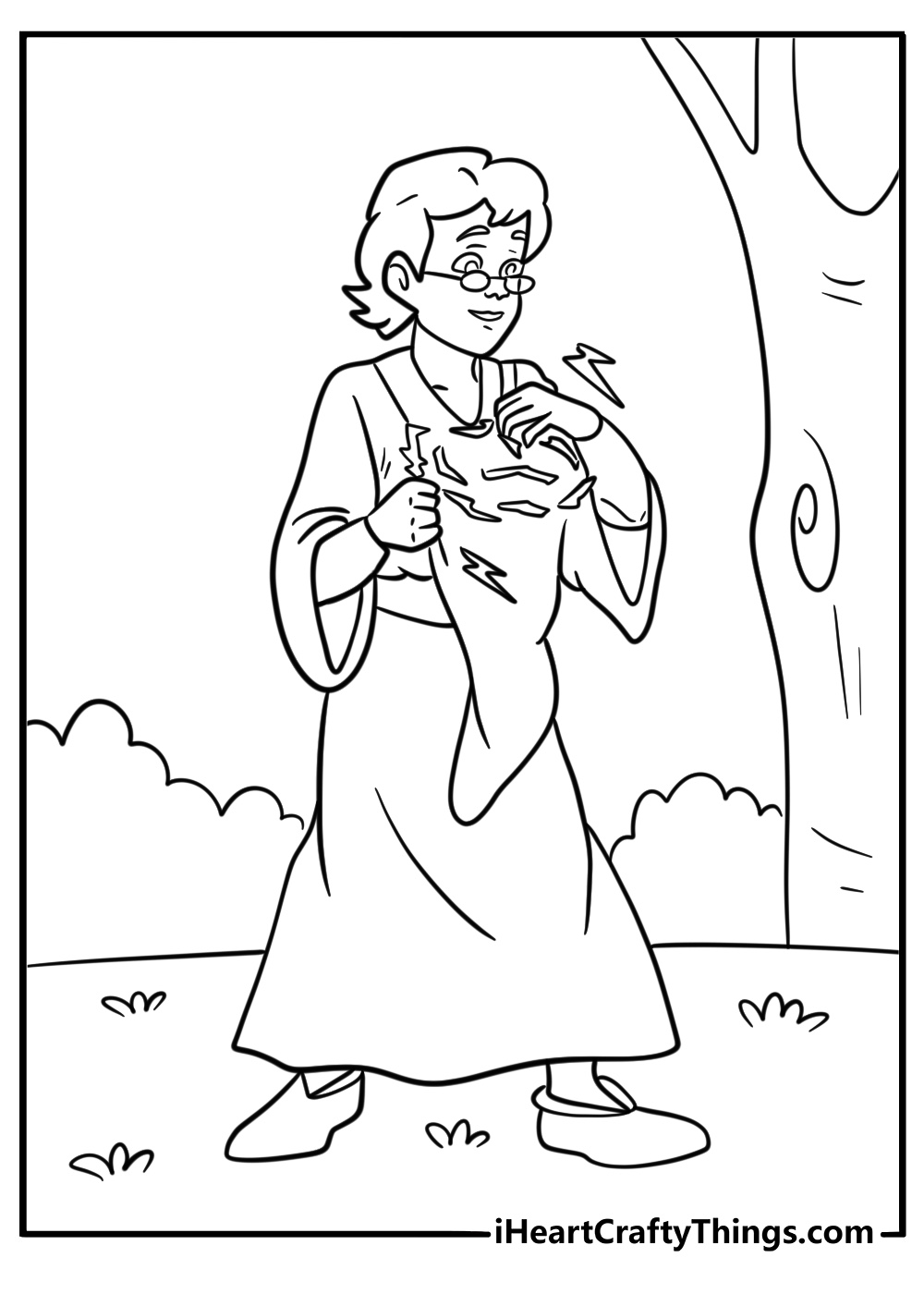 Sorcerer unleashing lightning from hands coloring page