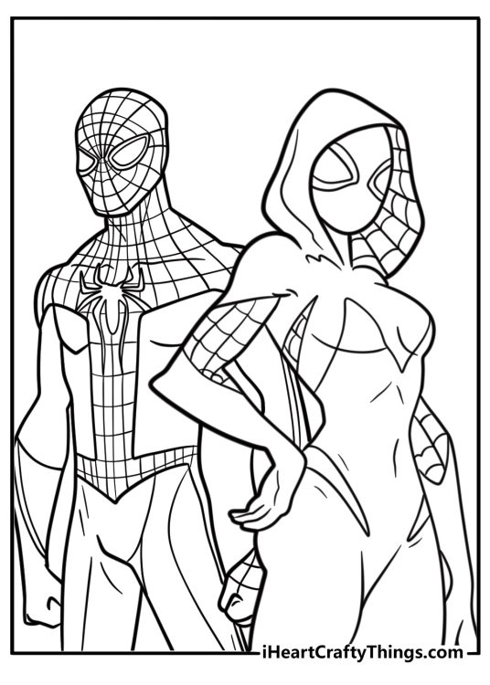 Spider Gwen and Peter Parker side by side coloring page