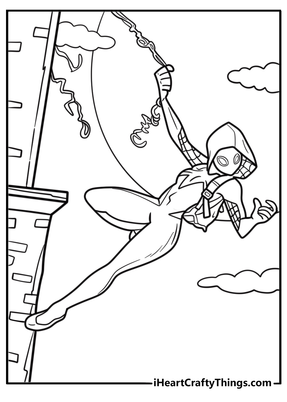 Spider Gwen climbing a wall in the city coloring page